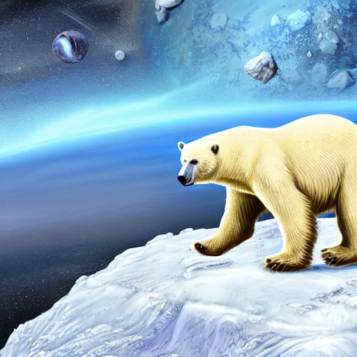 Prompt: polar bear on iceberg in mars, outer space, planet mars, photorealistic, high resolution,, trending on deviantart, hdr, hyper detailed, insane details, intricate, elite, ornate, dramatic lighting