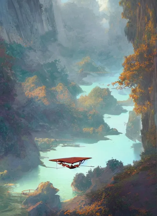 Image similar to A beautiful digital painting of an ornithopter landing platform, crystal lake, lovely valley by Stanley Artgerm Lau, Rossdraws, James Jean, gerald brom, Andrei Riabovitchev, Marc Simonetti, and Sakimichan, trending on artstation