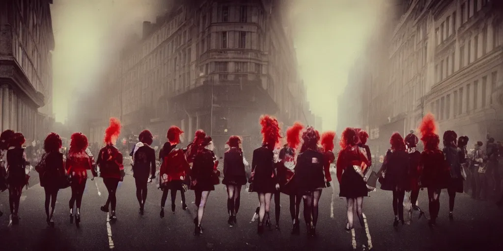 Image similar to a vintage photograph of a bunk of punk girls marching on the street of london, depressive vibe, strong subsurface scattering, red smoke, newspapers flying in the background, 1 9 9 0 s style, vintage style, scary lighting, stunning scene, highly detailed, concept art, trending on artstation