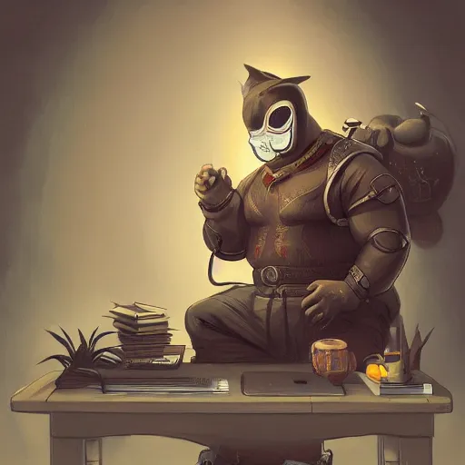 Image similar to a insanely detailed painting of a chubby masked asian man wearing a costume sitting at a desk, staring at the nervously at the computer typing, in the style of peter mohrbacher, dramatic lighting and composition, trending on artstation, concept art, comic book