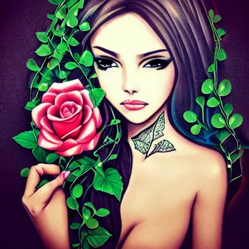 Prompt: tattoo design, stencil, beautiful egyptian girls face, roses and ivy surrounding by artgerm, artgerm, cat girl, anime