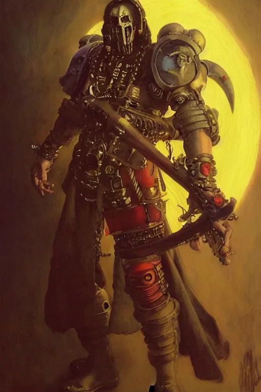 Image similar to full character portrait max mad cyberpunk warhammer 4 0 k, barbarian tech priest supersoldier not the girl with the pearl earring character design, painting by gaston bussiere, katsuya terada, nc wyeth, greg rutkowski, craig mullins, vermeer, frank frazetta, mucha, tom of finland, trending on artstation, jeffery catherine jones