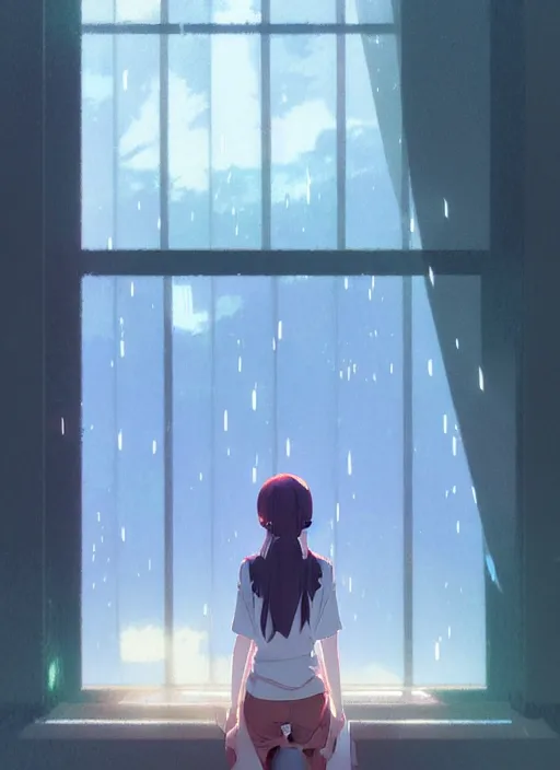 Image similar to interior, near the window, rainy outside, illustration concept art anime key visual trending pixiv fanbox by wlop and greg rutkowski and makoto shinkai and studio ghibli