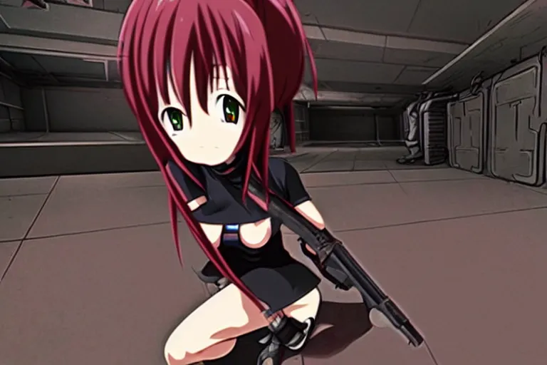 Image similar to an anime girl in a screenshot of the video game doom, the anime girl is crouching