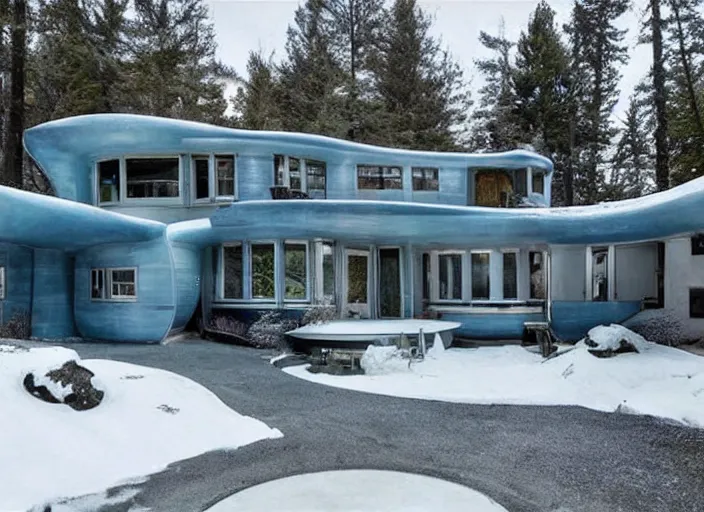 Image similar to zillow listing of a retro futuristic science fiction home for sale on a weird ice planet