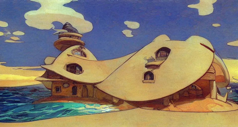 Prompt: seashell - shaped house, by moebius, joaquin sorolla, in the style of zelda windwaker