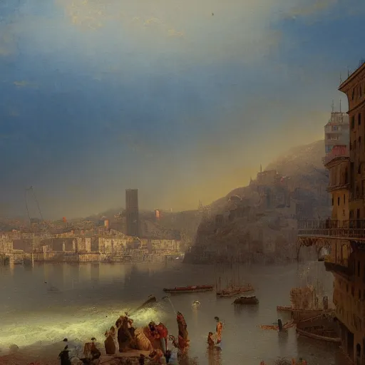 Prompt: A detailed matte painting of Genoa in the 15th century, trending on artstation by Ivan Aivazovsky