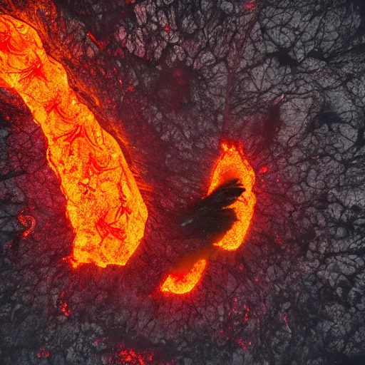 Prompt: candid photograph of a dragon bathing in lava, active volcano, drone photography, 8k