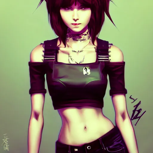 Image similar to portrait of a beautiful punkrock woman in crop top, art by saruei and guweiz and ilya kuvshinov, digital art, highly detailed, intricate, sharp focus, trending on artstation hq, deviantart, pinterest, unreal engine 5, 4 k uhd image