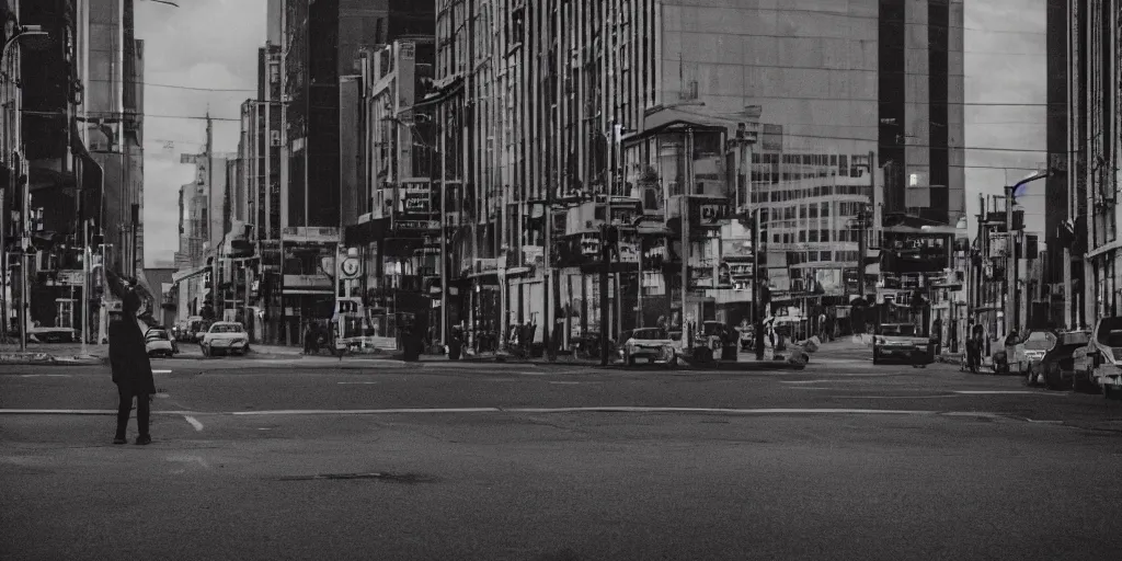 Image similar to city street, a person in center frame, future retro, cinematic, atmospheric, underexposed, long lens, cinematography by greig fraser