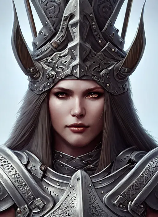 Image similar to barbarian, plated armor!!! long wild white hair!! covered chest!!! fantasy, d & d, intricate ornate details, digital painting, pretty face!!, symmetry, concept art, sharp focus, illustration, art by artgerm! greg rutkowski magali villeneuve wlop! ilya kuvshinov!!, octane render