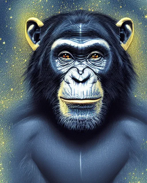 Image similar to blue, gold, very detailed high resolution illustration portrait of a chimpanzee, backlit, night covered in stars, 3 d, 8 k, extremely detailed, artstation, award winning, sharp focus, illustration