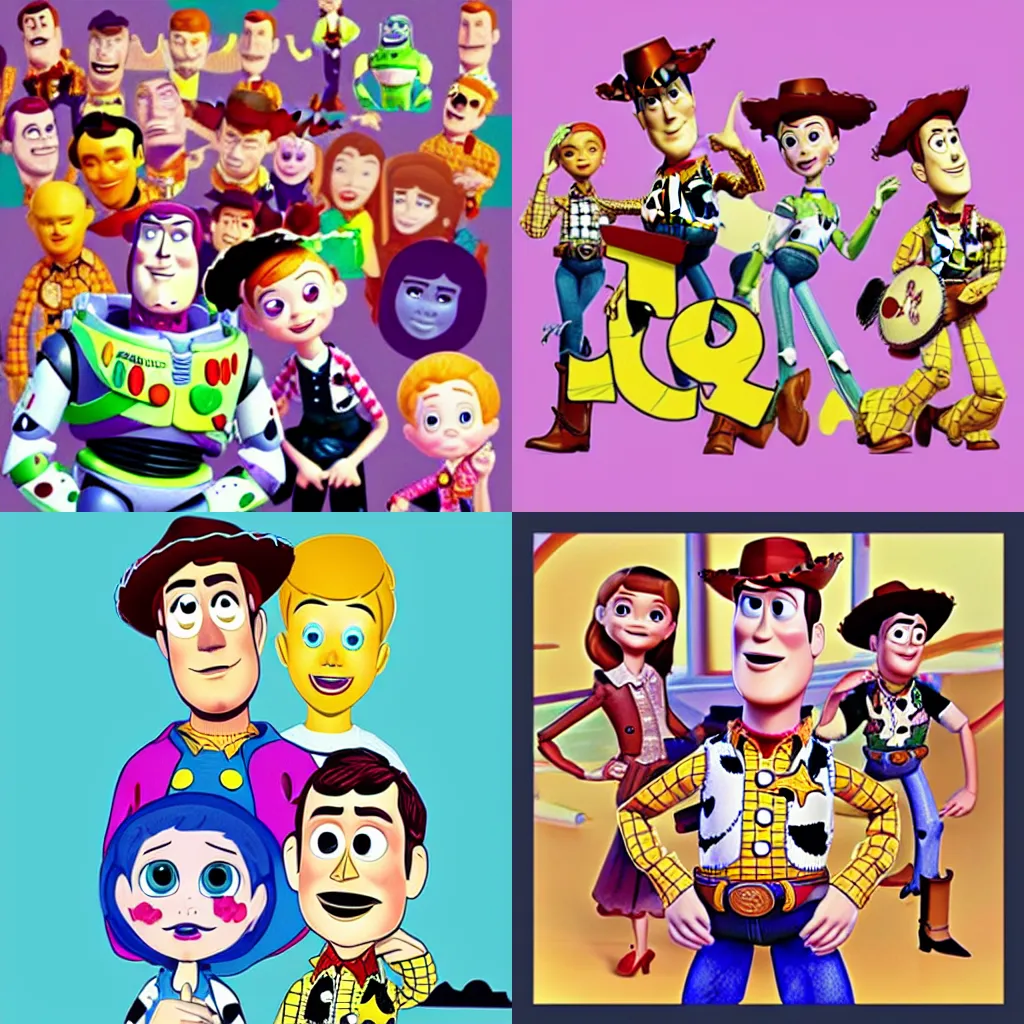 Prompt: “the main characters of Toy Story, in the style of Jack Stauber”