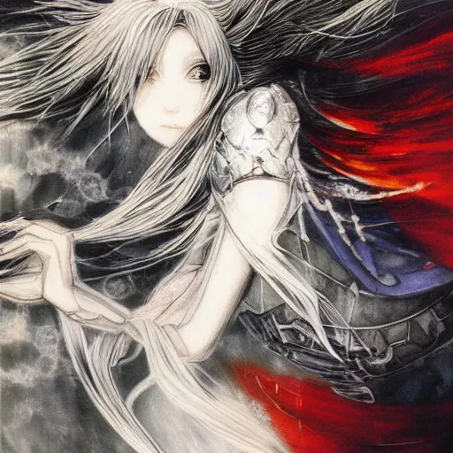 Image similar to yoshitaka amano blurred and dreamy realistic illustration of an anime girl with wavy white hair fluttering in the wind and cracks on her face wearing elden ring armour with the cape, abstract black and white patterns on the background, noisy film grain effect, highly detailed, renaissance oil painting, weird portrait angle