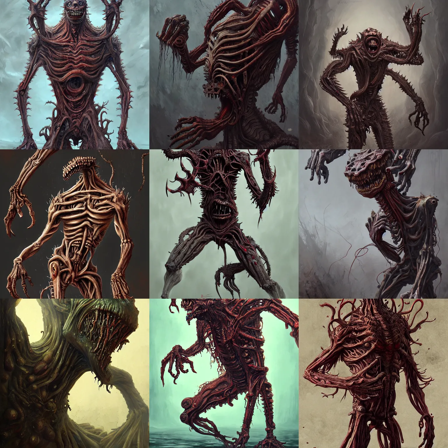Prompt: humanoid monster with many arms, wide torso, grotesque, body horror, intricate, digital painting, photorealistic, inspired by junji ito, zhang han, greg rutkowski, bayard wu