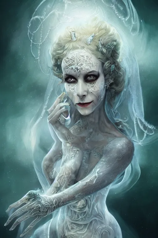 Image similar to a wlop 3 d render of very very very very highly detailed beautiful mystic portrait of a phantom undead ballerina with whirling galaxy around, tattoos by anton pieck, intricate, extremely detailed, flowing dress, digital painting, artstation, concept art, smooth, sharp focus, illustration, intimidating lighting, incredible art,