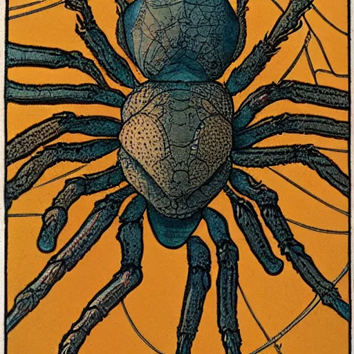 Image similar to a girl with a spider, colored woodcut, flat pastel colors, by Mackintosh, art noveau, by Ernst Haeckel