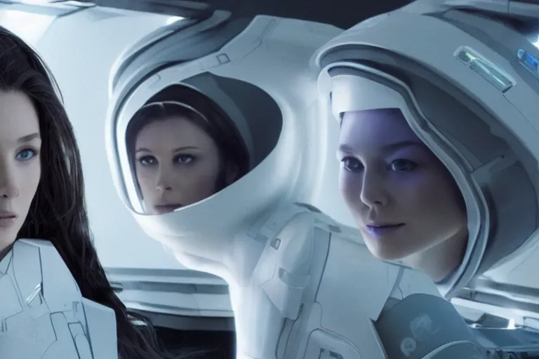 Image similar to VFX movie of a futuristic space woman model gorgeous portrait in inhuman future spaceship, beautiful natural skin natural lighting by Emmanuel Lubezki