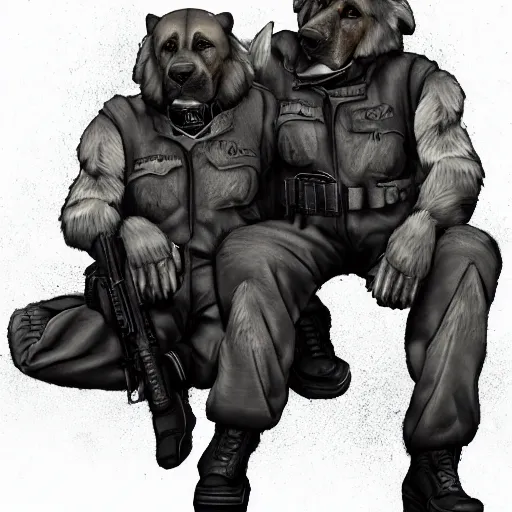 Image similar to two humanoid german shepherds beast - men, sitting on a couch and hugging together in military style, artstation.