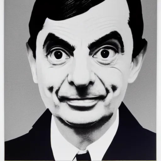 Image similar to a portrait of Mr Bean, made by Andy Warhol, two tone, very high contrast, only black and white, simplistic, extremely high contrast, two tone, notan art, by Andy Warhol, minimalistic,