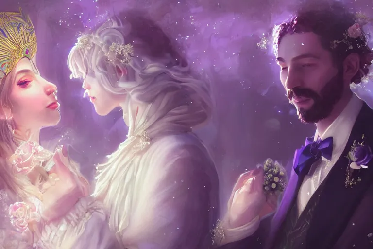 Image similar to a dreamlike cinematic portrait of wedding photograph close up moment of a divine a russia sun god and moon goddess lovers magician at a wedding banquet. portraiture. digital painting. artstation. concept art. fantasy wedding photo. digital painting, 8 k realistic, hyper detailed, violet evergarden art masterpiece by art by krenz cushart