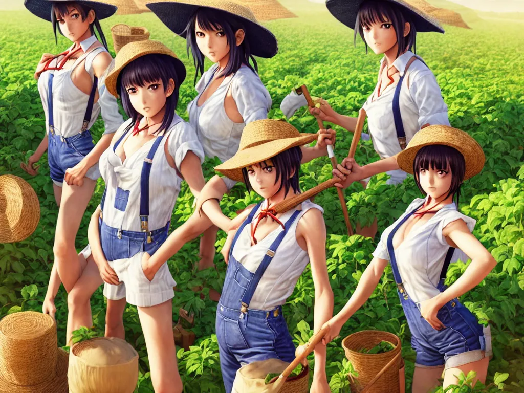 Image similar to mandragora farmer girls working on the sunny day, wearing a suspenders and straw hats, artgerm, artstation, art by hiroaki samura and jiro matsumoto and yusuke murata, box office hit, movie poster, unreal engine, octane render, sharp focus, high quality, highly detailed 8 k