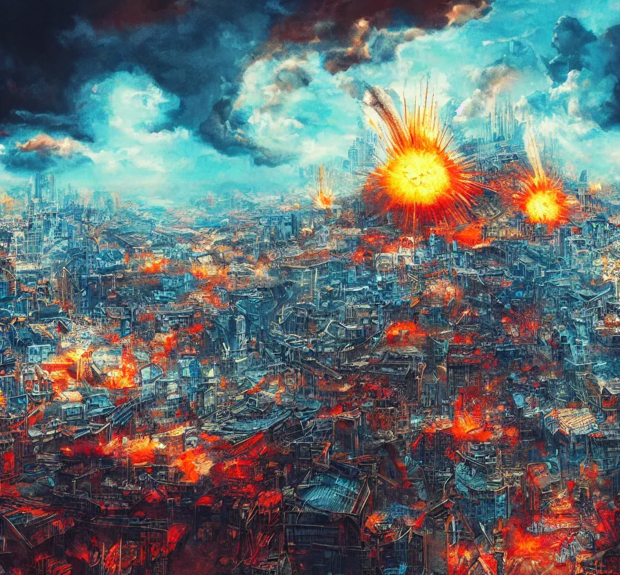 Prompt: nuclear explosion in big city, acrilic paint, abstract, digital, artstation, detailed, intricate ink, illustration, heavenly atmosphere, digital art, over detailed art, conceptart