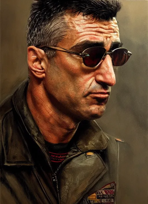 Image similar to realistic portrait of travis bickle ( robert deniro ), trending on artstation, low angle oil painting and composition laws, cinematic lighting, hyperdetailed, cgsociety, 8 k, martin scorsese cinematography, taxi driver