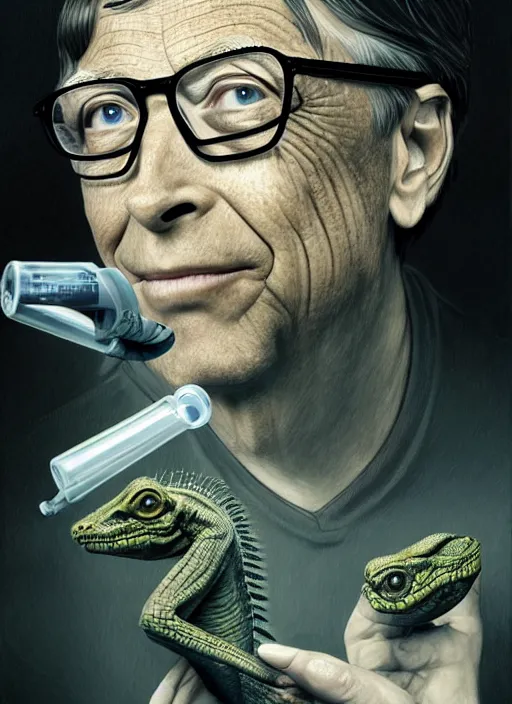 Image similar to bill gates as a reptile!!!, holding syringe, portrait, intricate, elegant, highly detailed, digital painting, artstation, concept art, wallpaper, smooth, sharp focus, illustration, art by h. r. giger and artgerm and greg rutkowski and alphonse mucha