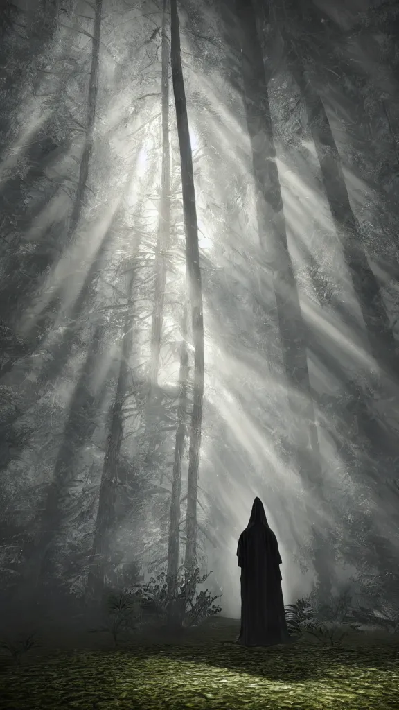 Prompt: photo of a mystical figure in occult robes in a dark misty forest, god rays, unreal engine 5, highly detailed, horror, epic