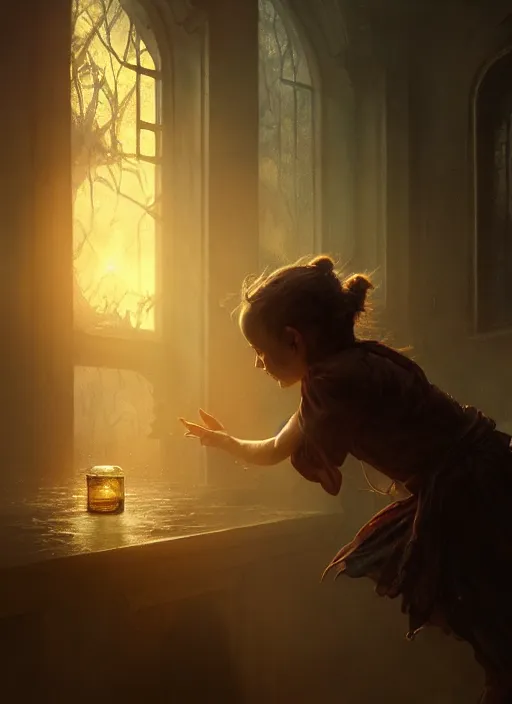 Image similar to A demon looks at a tiny human trapped in a jar, sunrays, dust in the air, DnD character, unreal engine, octane render, dramatic lighting, pond, digital art, by Stanley Artgerm Lau, greg rutkowski, thomas kindkade, alphonse mucha, loish, norman Rockwell,