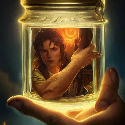 Image similar to man holding he's soul in a jar portrait, backlight, rim lighting, deep focus, d & d, fantasy, intricate, elegant, highly detailed, digital painting, artstation, concept art, matte, centered, sharp focus, illustration, hearthstone, art by artgerm, greg rutkowski and alphonse mucha