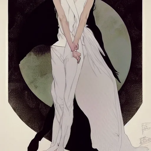 Image similar to graceful portrait of androgynous ruby rose as desire from sandman in a white tuxedo!!!, rockabilly style,, by alphonse mucha, by jeremy mann, by peter lindbergh, dave mckean, by frank moth, white suit and black tie, soft lightning, high detailed, 8 k