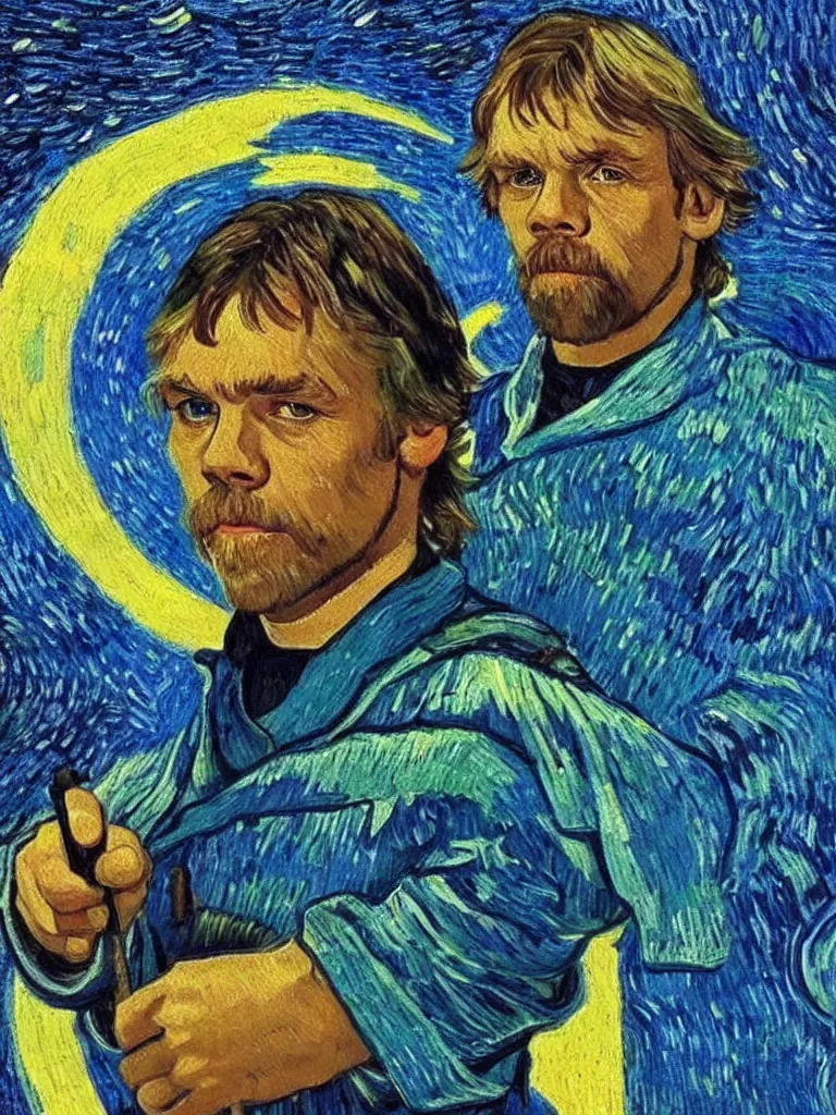 Prompt: bright beautiful oil painting portrait of luke skywalker with a missing ear, light scatter, van gogh