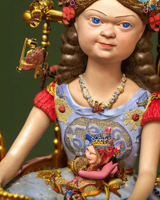 Image similar to highly detailed closeup, face profile portrait of a tin toy weimar greta thunberg as a fairytale princess wearing a crown and sitting on a throne, bikini, depth of field, otto dix, breathtaking, detailed and intricate environment, 8 k resolution, hyperrealistic, octane render