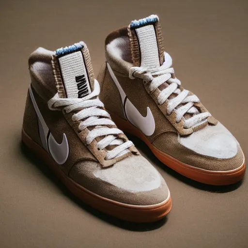 Image similar to a studio photoshoot of Nike sneakers designed by Tom Sachs, light brown suede with knitted material, gum rubber outsole, realistic, color film photography by Tlyer Mitchell, 35 mm, graflex