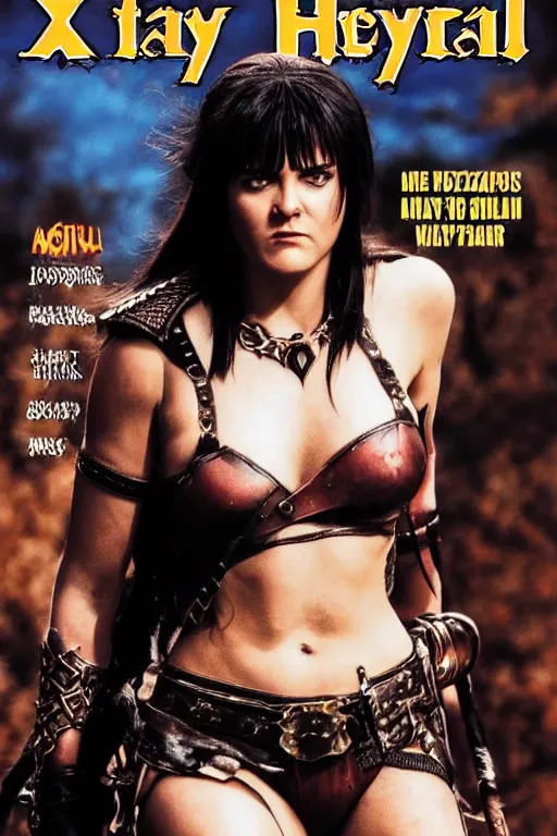 Prompt: young xena in the style of heavy metal magazine. amazing face detail. sharp focus face. 8 k. hd illustration. beautiful. heroic pose. magazine cover art.