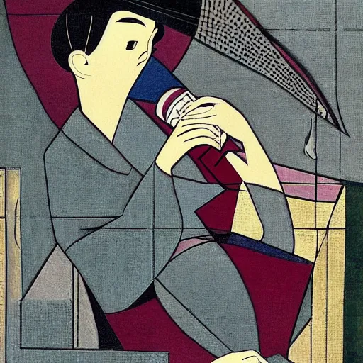 Prompt: cubistic illustration, close-up of an asian nurse drinking red wine, masterpiece, in style of Albert Gleizes