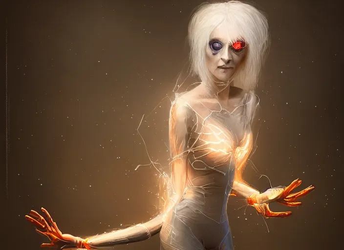 Image similar to girl with silk glowing white hair with glowing white stings coming out of her hands, she poses as a puppeteer with her hands infront of her concept art trending on artstation oilpaint portrait