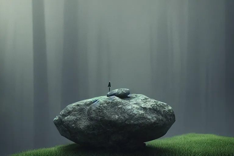 Image similar to levitating rocks in lush mountain forest, floating, octane render, cinematic, blade runner 2049, Imax, dramatic composition and lighting, strange, weird, award winning photography, dreamlike, 8k,