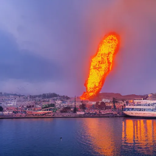 Prompt: the colossus in flames, in a harbor, an ancient city on fire in the background, heavy smoke, 4k