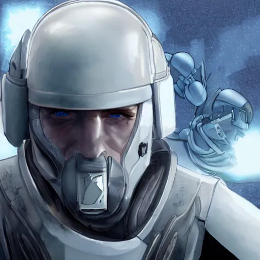 Image similar to close up photograph of an old man who is a veteran of many futuristic wars with short gray hair and blue eyes. he is wearing a white futuristic suit of heavy combat armor and holding a blaster in one hand and a plaster plazma - proof shield in the other. riding a white armored motorcycle charging into enemy lines while firing plasma bolts. scifi