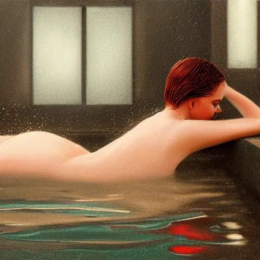 Image similar to silhouette of Elle Fanning submerged in a pool, stormy weather, extremely detailed masterpiece, oil on canvas, low-key neon lighting, artstation, Blade Runner 2049, Roger Deakin’s cinematography, by J. C. Leyendecker and Peter Paul Rubens,