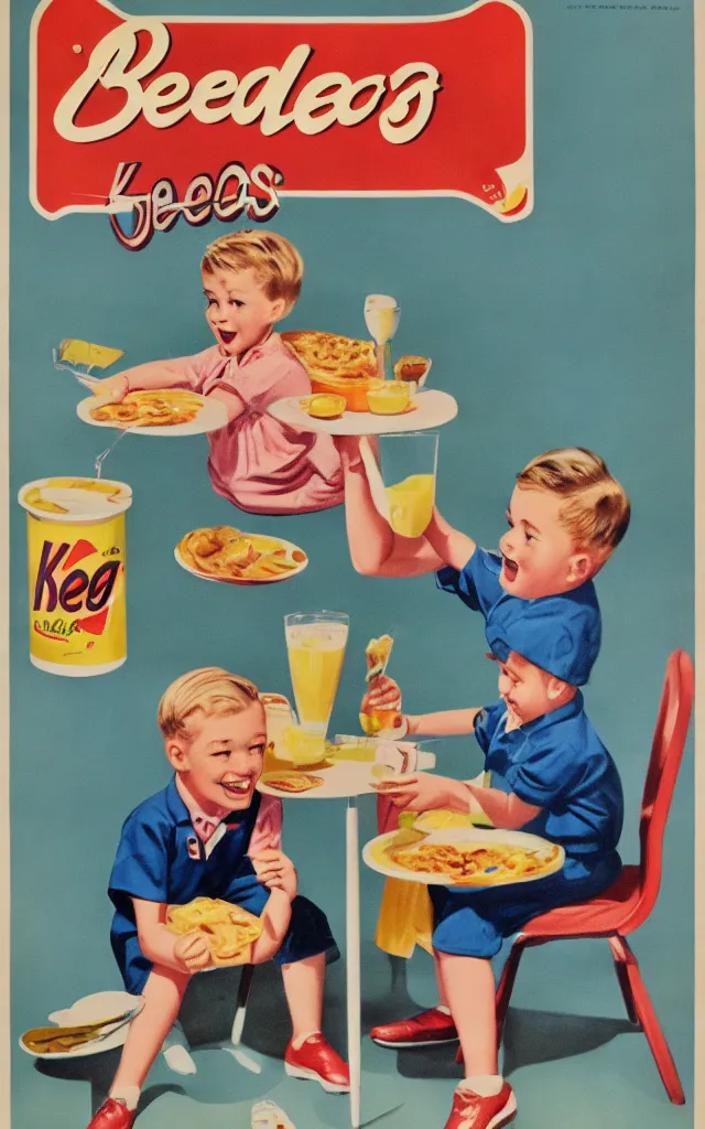 Image similar to 1 9 5 0 s poster of two kids having breakfast with kellogs cereal, retro, vintage, colorful, advertising, high quality, illustration, digital art