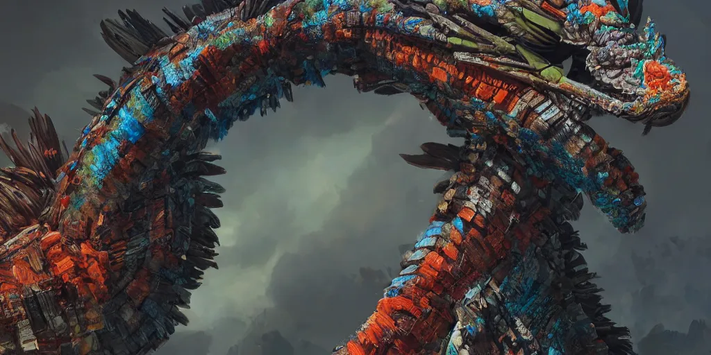 Image similar to detailed full body concept art illustration, oil painting on canvas of a quetzalcoatl, biomutant, dystopian, micro detail, octane render, 4K