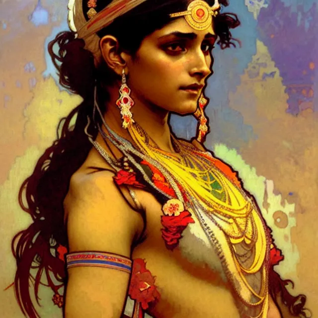 Image similar to an indian princess, art by alphonse mucha and greg rutkowski, elegant, extremely detailed