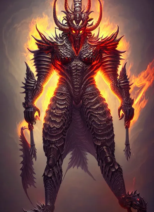 Image similar to muscular and tall ghostly fire humanoid dragon!!!! draconian!! intricate ornate iridescent heavy armor!! character concept art, sharp focus, octane render! unreal engine 5! highly rendered!! trending on artstation!! detailed linework!! illustration by artgerm, wlop, and chie yoshii