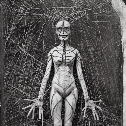 Prompt: 1860 photo of an old freak show body spider-woman, on the middle of a forest, spooky , veins, arteries, intricate, golden ratio, full frame, elegant, highly detailed, ornate, ornament, sculpture, elegant , luxury, beautifully lit, ray trace, 3d, PBR