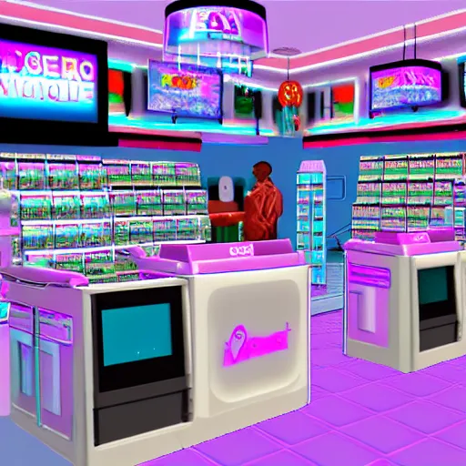 Image similar to vaporwave breakable convenience store robo - cashier