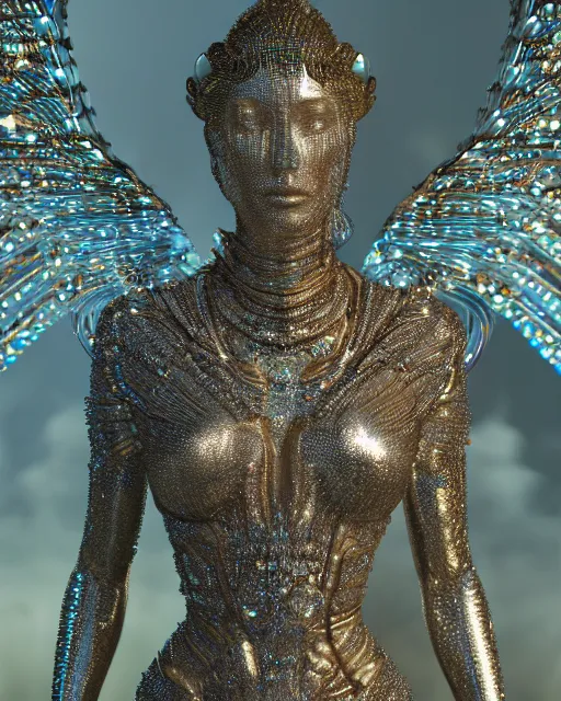 Image similar to a highly detailed metahuman 4 k close up render of an alien goddess bella hadid monument biblical accurate angel in iris van herpen dress schiaparelli in diamonds crystals swarovski and jewelry iridescent in style of alphonse mucha gustav klimt trending on artstation made in unreal engine 4